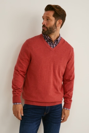 C&A And Regular Fit Button-down Collar Easy-iron Jumpers Heren Rood Donkerblauw | 5876RKNOS