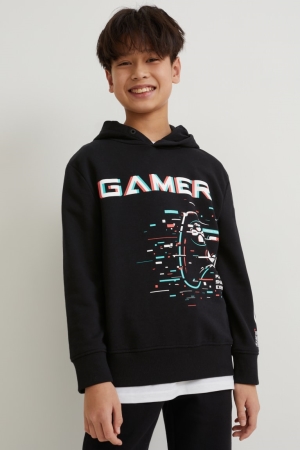 C&A Augmented Reality Motif Hoodie Meisjes Zwart | 3721WEQTP