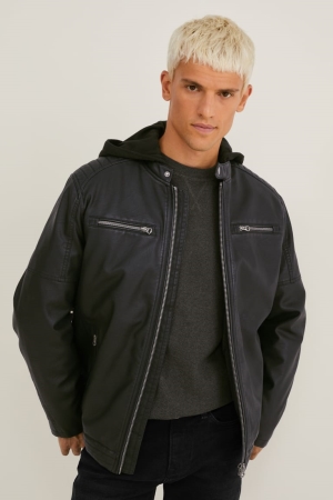 C&A Biker With Hood Faux Leren Jassen Heren Zwart | 5163TMNOY