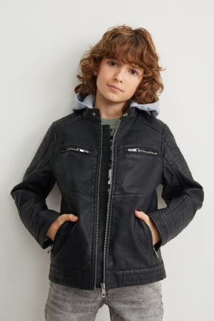 C&A Biker With Hood Faux Leren Jassen Meisjes Zwart | 8123BULGT