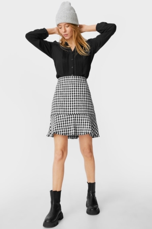C&A Bouclé Check Rokken Dames Zwart Wit | 6471AZMDX