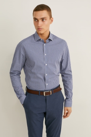 C&A Business Slim Fit Cutaway Collar Easy-iron Check Overhemd Heren Donkerblauw Wit | 0489VIFOS