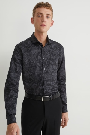 C&A Business Slim Fit Cutaway Collar Easy-iron Patterned Overhemd Heren Zwart | 1356EDHZA