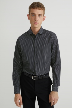 C&A Business Slim Fit Cutaway Collar Easy-iron Patterned Overhemd Heren Zwart | 4269LXQVT
