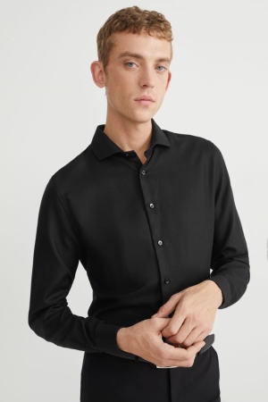C&A Business Slim Fit Cutaway Collar Easy-iron Overhemd Heren Zwart | 5983ACNKL