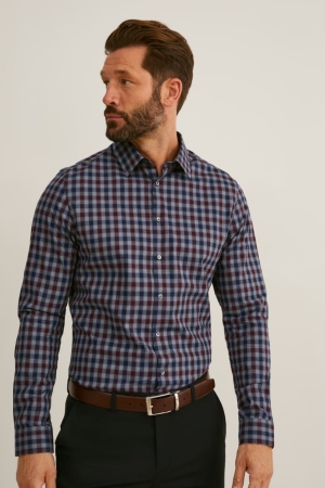 C&A Business Slim Fit Kent Collar Check Overhemd Heren Grijs Donkerrood | 2957LUGJX