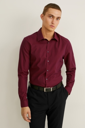 C&A Business Slim Fit Kent Collar Easy-iron Overhemd Heren Bordeaux | 4273NMFTH