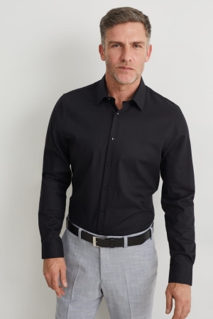 C&A Business Slim Fit Kent Collar Easy-iron Overhemd Heren Zwart | 8760APDYT