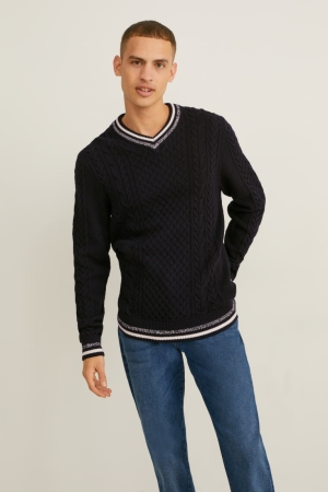 C&A Cable Knit Pattern Jumpers Heren Donkerblauw | 1495YZSIG