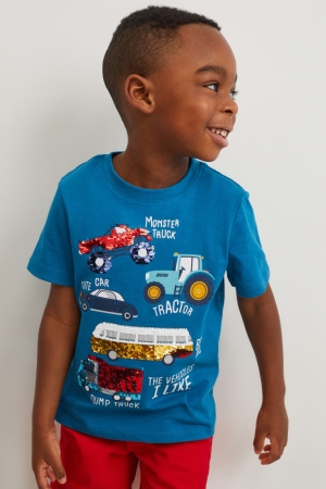 C&A Car Sleeve In-conversion Katoenen Shiny T-shirts Jongens Blauw | 6971CNXAZ