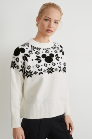 C&A Christmas Recycled Mickey Mouse Jumpers Dames Wit | 0423SWRUQ
