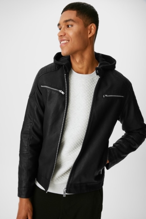 C&A Clockhouse Biker Faux Leren 2-in-1 Look Jassen Heren Zwart | 3460MKHSB