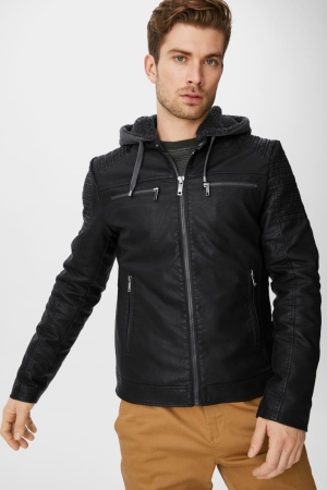 C&A Clockhouse Biker With Hood Faux Leren Jassen Heren Zwart | 6270KSBHZ