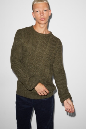C&A Clockhouse Cable Knit Pattern Jumpers Heren Donkergroen | 9182DMQPZ