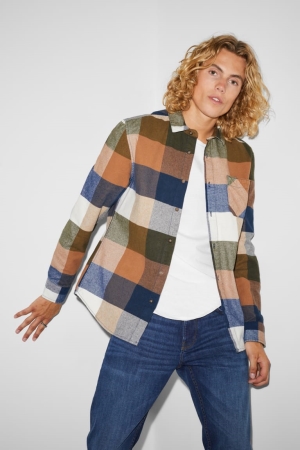 C&A Clockhouse Flannel Regular Fit Kent Collar Check Overhemd Heren Bruin Blauw | 2519WCITF