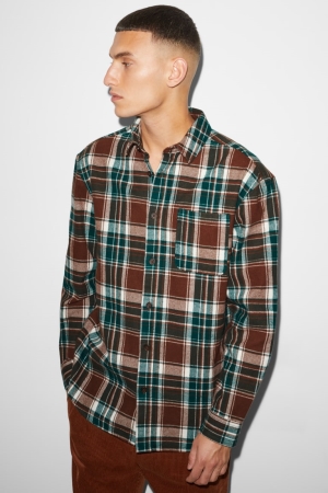 C&A Clockhouse Flannel Relaxed Fit Kent Collar Check Overhemd Heren Bruin Donkergroen | 1267JQZOD