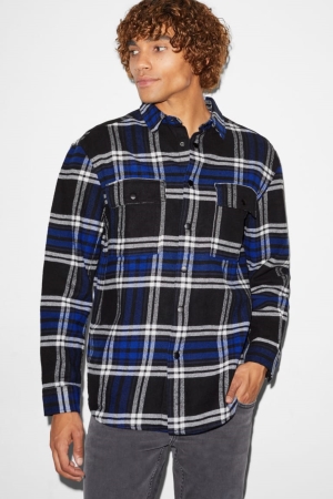 C&A Clockhouse Flannel Relaxed Fit Kent Collar Check Overhemd Heren Blauw Zwart | 9028TMRSA