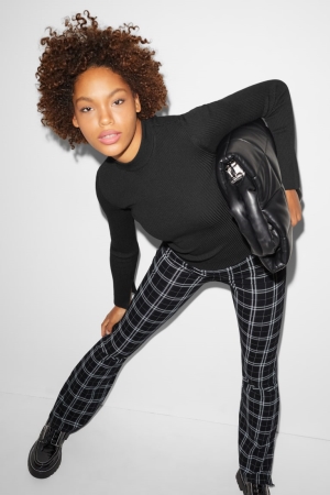 C&A Clockhouse Jersey Flared Check Broek Dames Zwart Grijs | 5309BVQRZ