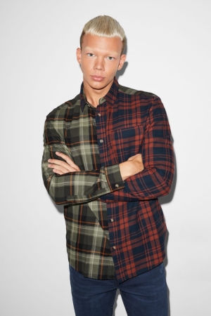 C&A Clockhouse Regular Fit Kent Collar Check Overhemd Heren Bruin Donkergroen | 0216QUGVK
