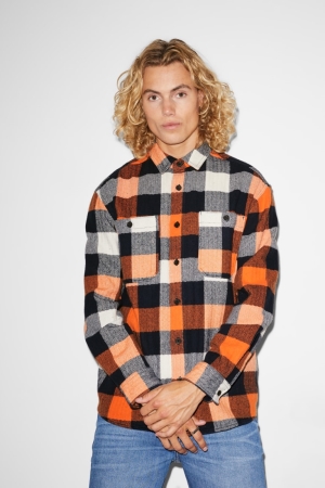 C&A Clockhouse Relaxed Fit Kent Collar Check Overhemd Heren Oranje Donkerblauw | 1573QVPYI