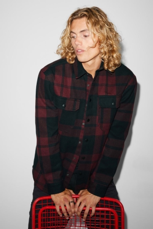 C&A Clockhouse Relaxed Fit Kent Collar Check Overhemd Heren Rood Zwart | 4392FZACY