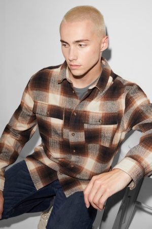 C&A Clockhouse Relaxed Fit Kent Collar Check Overhemd Heren Bruin | 5478IXERJ