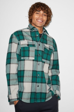 C&A Clockhouse Relaxed Fit Kent Collar Check Overhemd Heren Donkergroen Wit | 7826WNMFU