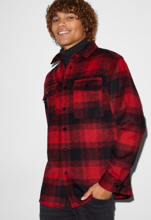 C&A Clockhouse Relaxed Fit Kent Collar Recycled Check Overhemd Heren Rood Zwart | 0594JBMXP