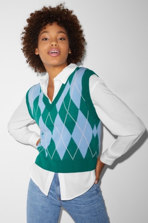 C&A Clockhouse Slipover Check Hoodie Dames Groen | 5019SMNKG