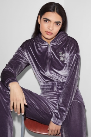 C&A Clockhouse Velvet Cropped Hoodie Dames Paars | 5142GPUNK