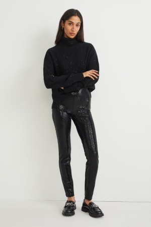 C&A Cloth High Taille Mager Fit Shiny Broek Dames Zwart | 8035FIYLS