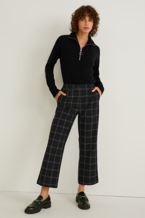 C&A Cloth Mid-rise Taille Brede Leg Check Broek Dames Zwart | 1254GHMSD