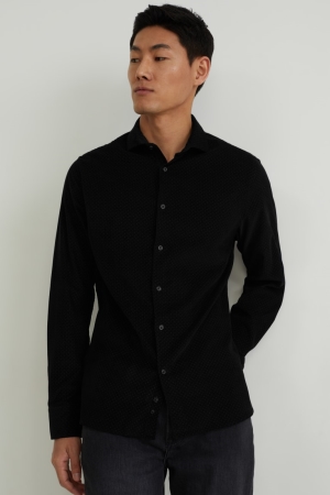 C&A Corduroy Slim Fit Cutaway Collar Overhemd Heren Zwart | 5019KJMQY