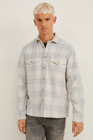 C&A Corduroy Slim Fit Kent Collar Check Overhemd Heren Wit Grijs | 3564TRJFC