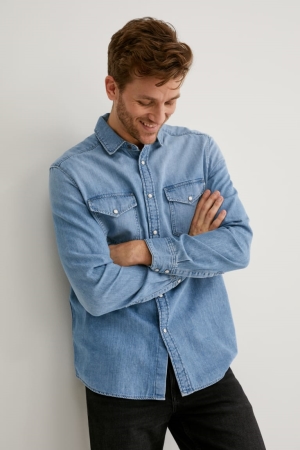 C&A Denim Regular Fit Kent Collar Recycled Overhemd Heren Blauw | 2159GYTUQ