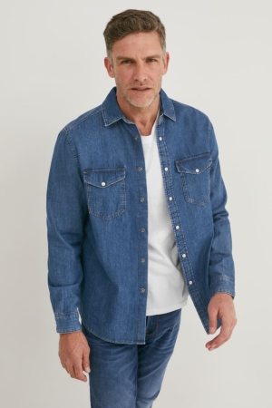 C&A Denim Regular Fit Kent Collar Recycled Overhemd Heren Blauw Donkerblauw | 3046MNTQY
