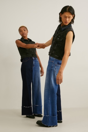 C&A E.L.V. Denim Brede Leg High Taille Genderneutral Recycled Jeans Heren Blauw Donkerblauw | 3752WGODR