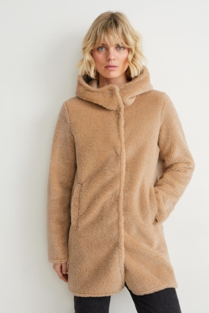 C&A Faux Fur With Hood Jassen Dames Lichtbruin | 1746VWHAG