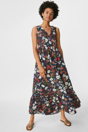 C&A Fit & Flare Floral Jurken Dames Donkerblauw | 1790RUIPE