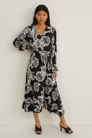 C&A Fit & Flare Lenzing™ Ecovero™ Floral Jurken Dames Zwart Wit | 1372ORBGS