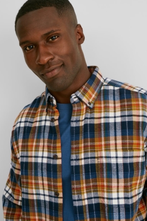 C&A Flannel Regular Fit Button-down Collar Check Overhemd Heren Oranje Donkerblauw | 2341ILZAN