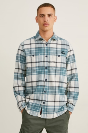 C&A Flannel Regular Fit Kent Collar Check Overhemd Heren Groen Wit | 1650EVRJX