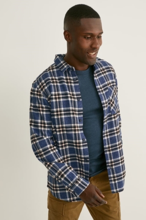 C&A Flannel Regular Fit Kent Collar Check Overhemd Heren Donkerblauw Wit | 4390ZUTJH
