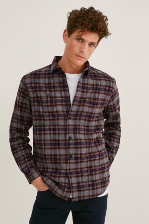 C&A Flannel Regular Fit Kent Collar Check Overhemd Heren Grijs Donkerrood | 4718GQOIY