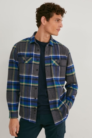 C&A Flannel Regular Fit Kent Collar Check Overhemd Heren Grijs | 6357OSAXB