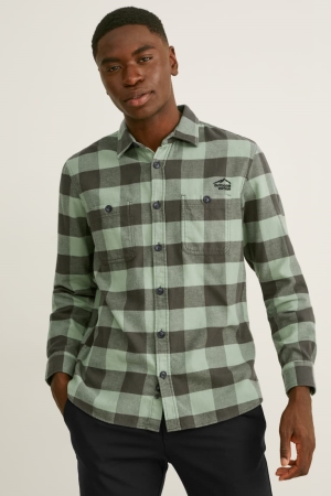 C&A Flannel Regular Fit Kent Collar Check Overhemd Heren Donkergroen Zwart | 7065RECZK