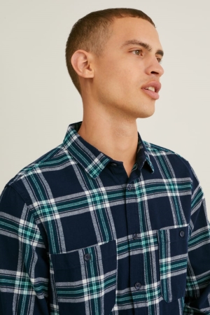 C&A Flannel Regular Fit Kent Collar Check Overhemd Heren Donkerblauw Grijs | 7451SCOWJ