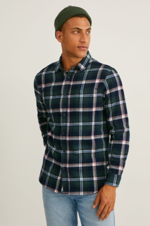 C&A Flannel Regular Fit Kent Collar Check Overhemd Heren Donkergroen Wit | 8127TZRUB