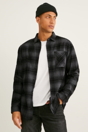 C&A Flannel Regular Fit Kent Collar Check Overhemd Heren Donkergrijs | 9147PZIMU