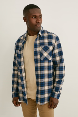 C&A Flannel Regular Fit Kent Collar Check Overhemd Heren Blauw Beige | 9248EODFB